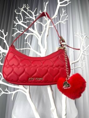 Betsey Johnson “Oh She Bows” Quilted Heart Mini Hobo Bag With Removable Pom-Pom